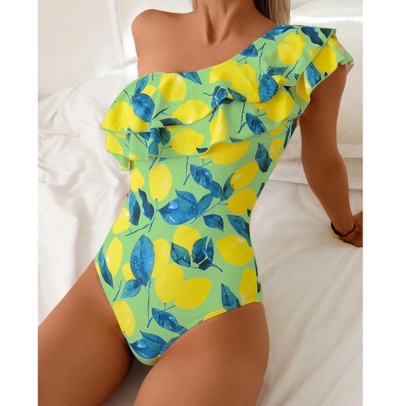 Colorful Lemon leaves Print Ruffle Detail One Shoulder Monokini One Piece Swimsu - Picture 2 of 4